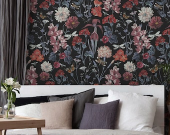Floral Wallpaper | Dark Red Flowers, Blue Leaves, Peel and Stick