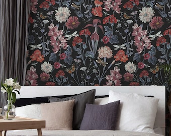 Dark wallpaper with red flowers and blue leaves* | self-adhesive, removable, peel and stick wall mural