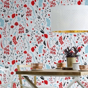 Field flowers wallpaper, red poppy flower and blue leaves* | self-adhesive, removable, peel & stick wall mural