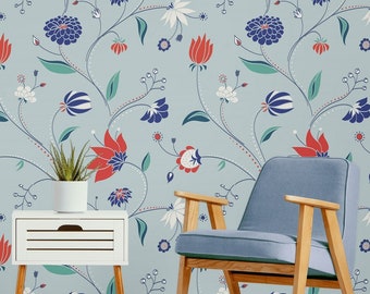 Floral Wallpaper | Light Blue, Red & White, Peel and Stick
