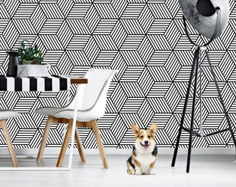 Geometric Wallpaper, Black and White Abstract Pattern, Peel and Stick Wall Mural