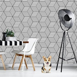Carta da parati geometrica in bianco e nero, motivo astratto / murale autoadesivo, rimovibile, stacca e incolla, decorazione murale