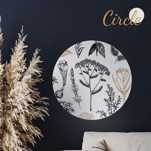 Simple Botanical Sticker, Floral Wall Decal, Wall Decor, Room Wall Decor, Circle Wall Decal, Peel and Stick, Self Adhesive