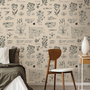 Beige wallpaper with herbs and writings | self-adhesive, removable, peel & stick wall mural