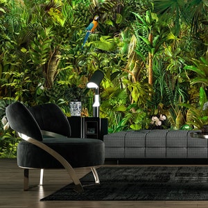 Jungle, tropical mural, parrots, green wallpaper, tropics, wallpaper | self-adhesive, removable, peel and stick wall mural