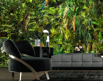 Mural de loros de la jungla, papel tapiz verde tropical, autoadhesivo.