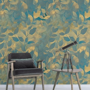 Watercolor teal and yellow leaves wallpaper* | self-adhesive, removable, peel & stick wall mural