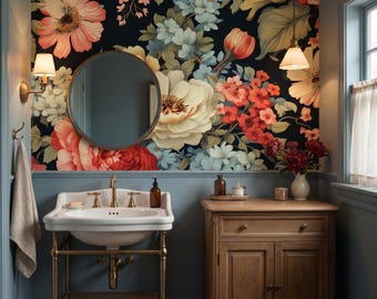 Floral Wallpaper Mural, Retro Botanical Art, Dark Colorful Flowers, Black Background, Home Decor, Peel and Stick or Traditional Vinyl