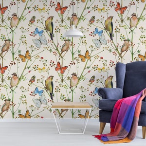 Beautiful wallpaper with bids and butterlies, self adhesive, peel and stick floral wall mural