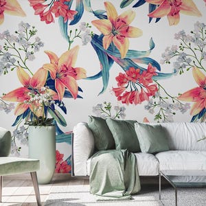 Tapete mit buntem Blumenmuster, Blumendekor in grün und blau | Schälen und aufkleben (selbstklebend) oder nicht klebendes Vinylpapier
