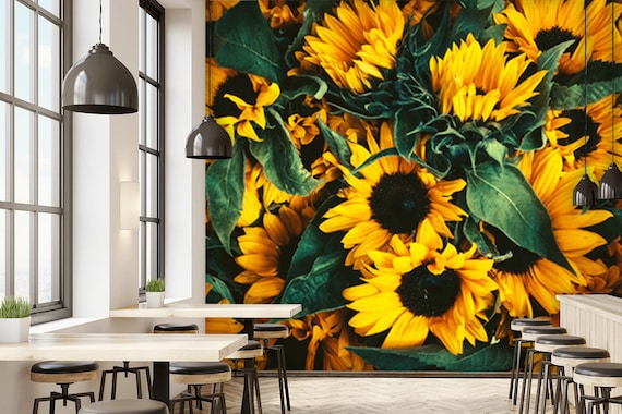 Carta da parati girasoli, pittura stampata, decorazioni per la casa,  decalcomanie da muro, carta da parati rimovibile con buccia e stick,  decorazioni da parete, adesivi, outlander, clipart, arte floreale -   Italia