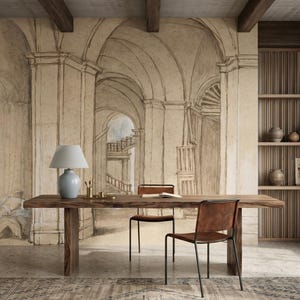 Carta da parati con schizzi di architettura antica, murale beige per interni, arte murale antica, decorazione per la casa, autoadesiva o in vinile tradizionale immagine 3