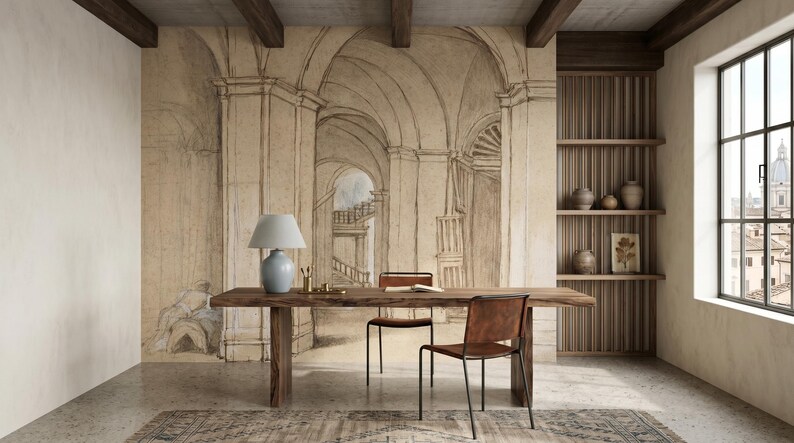 Carta da parati con schizzi di architettura antica, murale beige per interni, arte murale antica, decorazione per la casa, autoadesiva o in vinile tradizionale immagine 3