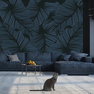 Tropical leaves pattern, navy blue jungle leaves, dark background, wallpaper | self-adhesive, removable, peel and stick wall mural