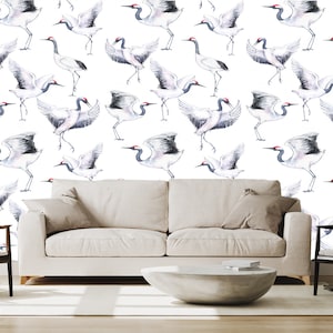 Watercolor white crane bird pattern wallpaper | self-adhesive, removable, peel & stick wall mural, wall decor