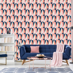 Pink and blue small triangle pattern wallpaper, geometric mural | self-adhesive, removable, peel & stick wall mural, wall decor