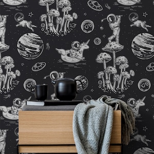 Dark Astronaut Wallpaper, Space, Planet, Unicorn, Dog and Mushroom Pattern | Peel and Stick (Self Adhesive) or Non Adhesive Vinyl Paper