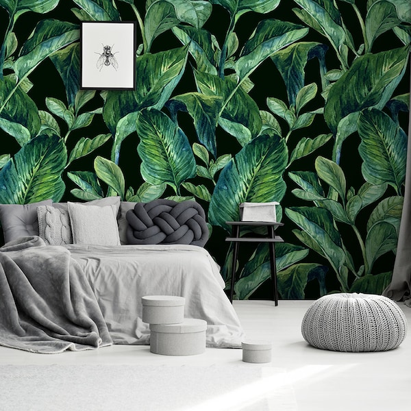Mooie donkergroene bananenbladeren op het zwarte behang, bladkunst, Peel and stick-Wall decor-Zelf, Zelfklevende Muurschildering-Herbruikbaar