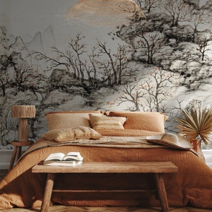Old Vintage Beige Landscape Wallpaper with Trees | Peel and Stick (Self Adhesive) or Non Adhesive Vinyl Paper