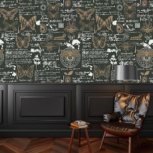 Abstract wallpaper with insects, butterflies, beetles, manuscript | self-adhesive wallpaper, removable, peel & stick wall mural, wall decor