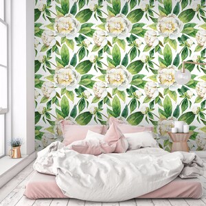 Watercolor wallpaper with beautiful white blossoms, self adhesive, peel and stick floral wall mural