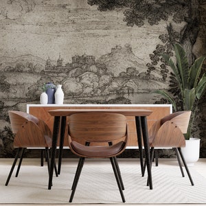 Old landscape wallpaper, vintage painting wall mural | Peel and Stick (Self Adhesive) or Non Adhesive Vinyl Paper