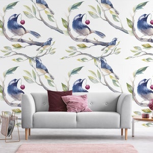 Wallpaper with exotic bird on a branch holding a cherry, self adhesive, peel and stick floral wall mural