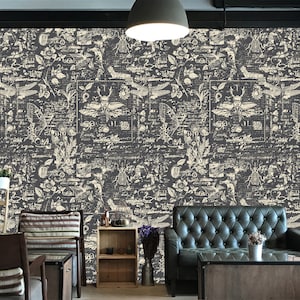 Wallpaper with insects and herbs in retro style | self-adhesive wallpaper, removable, peel & stick wall mural, wall decor