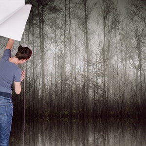 May include: A woman is putting up a wallpaper mural of a foggy forest. The wallpaper is a dark gray with a misty effect. The forest is made up of tall, thin trees.