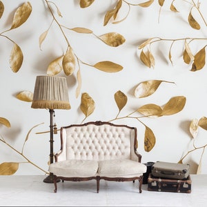 White matte wallpaper with floating leaves, Peel & Stick, Self Adhesive Removable Wall Mural