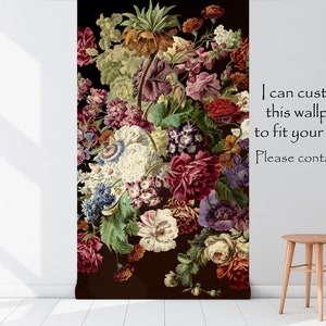 May include: A vintage style floral wallpaper featuring a bouquet of red, pink, white, and purple flowers on a black background.