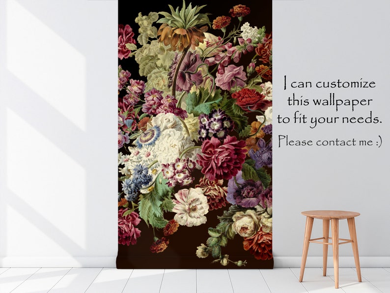 May include: A vintage style floral wallpaper featuring a bouquet of red, pink, white, and purple flowers on a black background.