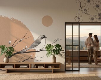 Bird on a tree branch wallpaper, blossom wall mural, botanical home decor | Peel and Stick (Self Adhesive) or Traditional Vinyl Paper