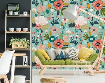 Cartoon wallpaper with floral pattern, self adhesive, peel and stick floral wall mural