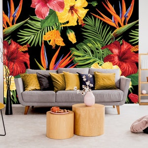 Watercolor tropical flowers wallpaper, floral pattern, exotic blooming hibiscus flowers | self-adhesive, removable, peel & stick wall mural