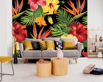 Tropical Hibiscus Flower Wallpaper, Exotic Floral Wall Mural, Peel and Stick