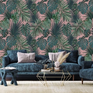 Carta da parati rosa polveroso con carta da parati verde monstera e foglie di palma / carta da parati autoadesiva, rimovibile, staccabile e incolla, decorazione murale