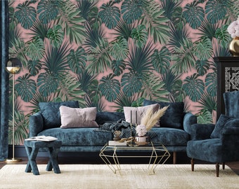 Dusty pink wallpaper with green monstera and palm leaf wallpaper | self-adhesive, removable, peel & stick wall mural, wall decor