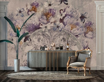 Grunge Beige & Purple Floral Wallpaper, Botanical Vintage Abstract Wall Mural | Peel and Stick (Self Adhesive) or Non Adhesive Vinyl Paper