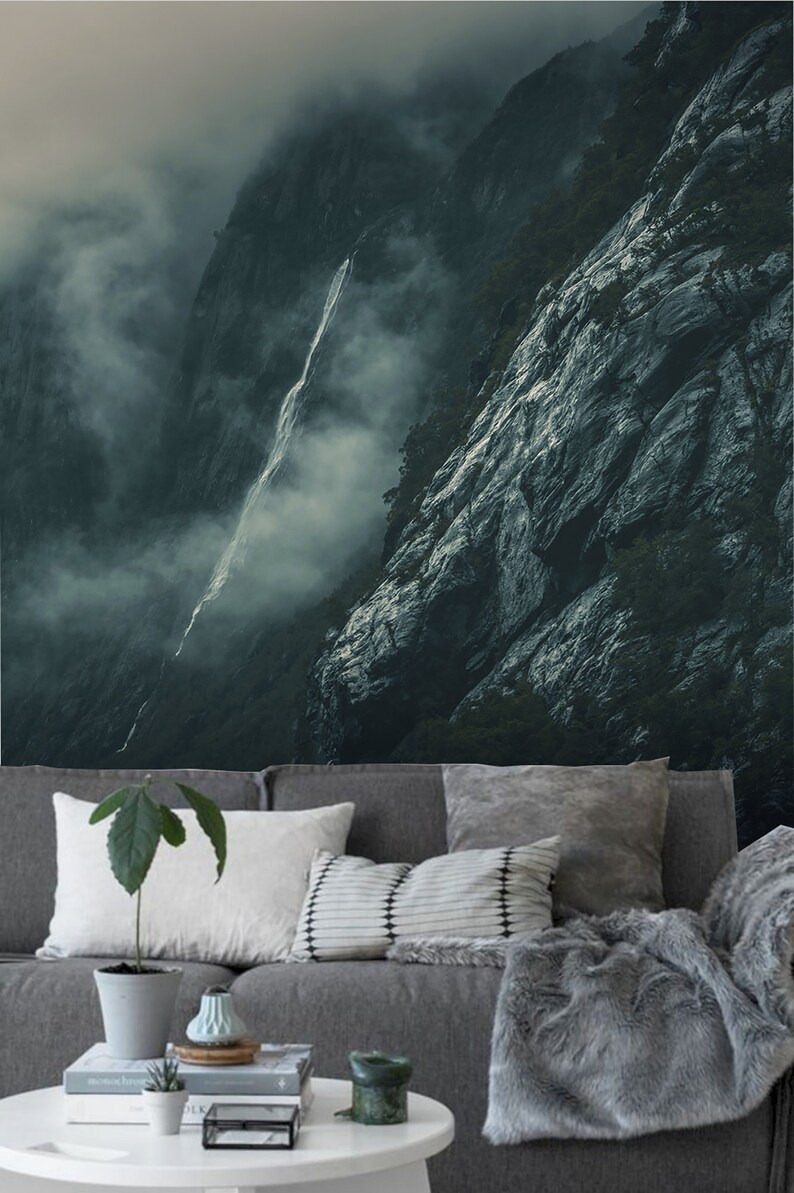 Papel pintado con paisaje de montaña brumoso, autoadhesivo, despegable y pegable, mural de pared botánico imagen 3