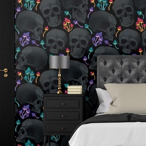 Schädel & Pilze Dunkel gemusterte Tapete, Halloween Poster | Schälen und aufkleben (selbstklebend) oder nicht klebendes Vinylpapier