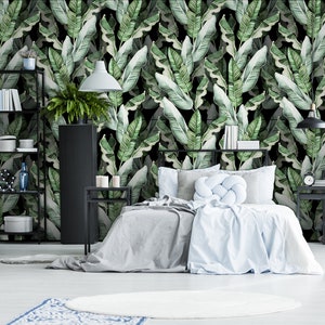 Beautiful pattern with tropical leaves and banana leaves, floral pattern, wallpaper self-adhesive, removable, peel and stick wall mural image 1