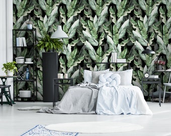Schönes Muster mit tropischen Blättern und Bananenblättern, Blumenmuster, Tapete | selbstklebendes, ablösbares Wandbild