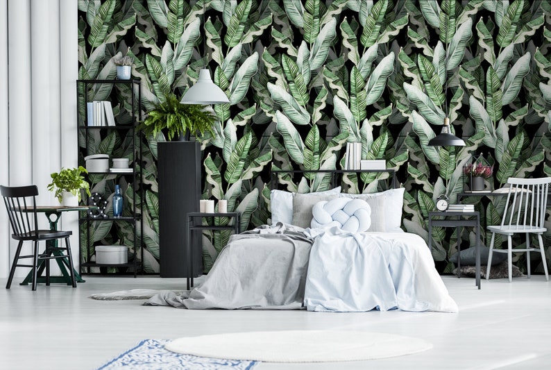Beautiful pattern with tropical leaves and banana leaves, floral pattern, wallpaper self-adhesive, removable, peel and stick wall mural image 1