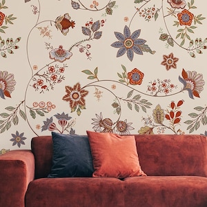 Red & yellow ethnic floral leafy wallpaper, beige abstract pattern* | Peel and Stick (Self Adhesive) or Non Adhesive Vinyl Paper