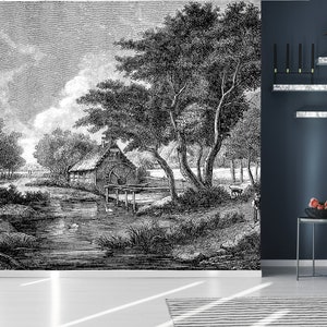 Old black and white landscape wallpaper | self-adhesive, removable, peel & stick wall mural, wall decor