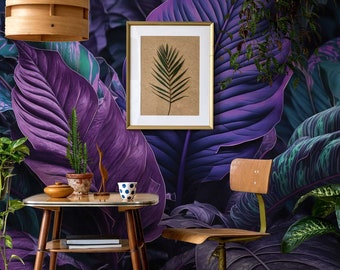 Tropical Purple & Green Leaves Wall Mural, Abstract Leaves Photo Wallpaper | Peel and Stick (Self Adhesive) or Non Adhesive Vinyl Paper