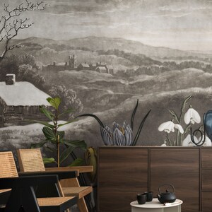 Vintage landscape wallpaper with flower and leaves | Peel and Stick (Self Adhesive) or Non Adhesive Vinyl Paper