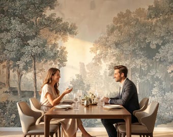 Forest wallpaper, scenic landscape wall mural, vintage trees home decor | Peel and Stick (Self Adhesive) or Traditional Vinyl Paper