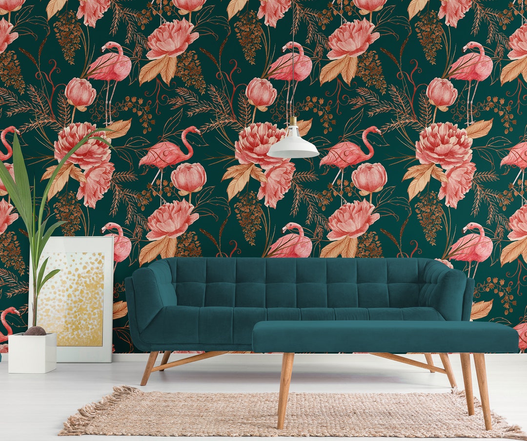 Dark Green Wallpaper With Pink Peony and Flamingo Self - Etsy